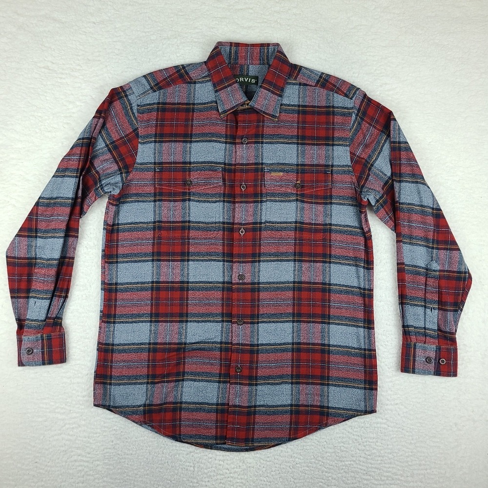 ORVIS Shirt Mens Medium Red Blue Plaid Flannel Dress Button Up